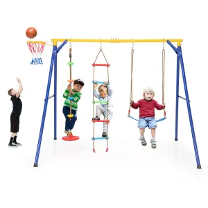 Costway 4-in-1 Kids Swing Set Outdoor Heavy-Duty Climbing Playset W/ Basketball Hoop