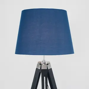 ValueLights Clipper Black Wood and Silver Chrome Tripod Floor Lamp with Navy Blue Tapered Light Shade with 6w LED GLS Bulb