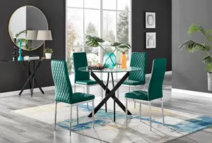 Furniturebox UK Novara Black Leg Round Glass Dining Table & 4 Green Velvet Milan Chairs