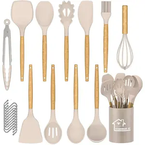 Kitchen Utensil Set Silicone Cooking Utensils Heat Resistant Nonstick Kitchen Tools With Hooks, Silicone Kitchen Gadgets With Wooden Handle, Turner Tongs Spatula Spoon Cooking Tools Khaki