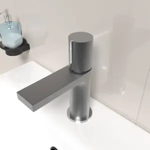 Nes Home Matt Grey Handleless Futuristic Basin Mixer Tap Deck Mounted Brass Core