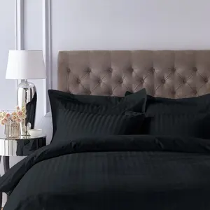 300 Thread Count Cotton Satin Stripe Duvet Cover Set Black / Super King  - 2  Standard Pillowcases