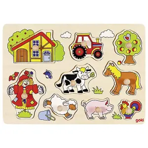 Goki Lift-Out Wooden Puzzle Farm Animals - Scarecrow Apple Tree Pig