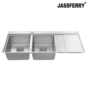 JASSFERRY Kitchen Sink 1.2 mm Stainless Steel 2.0 Bowl Righthand Drainer Square Strainer