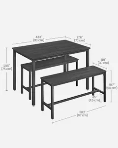 VASAGLE Dining Table with 2 Benches, 3 Piece Set, Kitchen Table, 2 Benches, Steel Frame, Ash Black and Ink Black