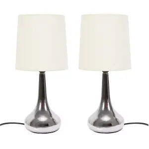 Pair - Silver Chrome Teardrop Touch Dimmer Table Lamps with Cream Shade for Bedside Table Bedroom Light