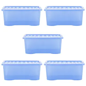 Wham Crystal Sparkle 5x 45L Plastic Storage Boxes with Lids Tint Sparkle Blue. Medium Size, Strong (Pack of 5, 45 Litre)