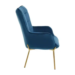 Interiors by Premier And Durable Blue Velvet Armchair with Gold Legs, High Back Patterned Armchair, Easy to Maintain Bucket Chair