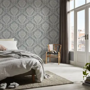 GoodHome Mire Grey Woven effect Damask Textured Wallpaper