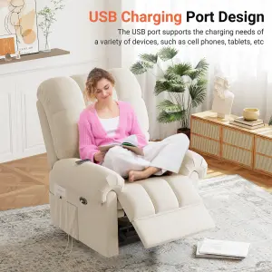 Electric Recline Sofa Chair for Adults with USB Port,Comfy Teddy Fleece Adjustable, Beige White