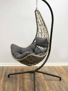 Grey Round Weave Hanging Chair - Grey Cushion