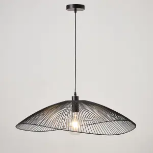 Contemporary Large Black Pendant Ceiling Light. Decorative shade with curved metal threads, 80cm Diameter  Adjustable height