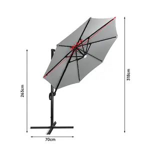 3M Large Canopy Tilting Garden Rome Umbrella Cantilever Parasol with Solar Lights, Light Grey