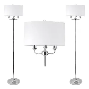 First Choice Lighting Pair of 3 Light Chrome Floor Standard Light with Light Cream Fabric Shade