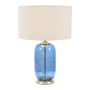 ValueLights Leigh Navy Blue Glass and Gold Detail Table Lamp with Natural Drum Shade Light - LED Bulb Included