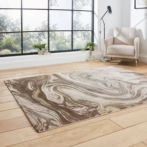 Beige/Gold Abstract Modern Easy To Clean Rug For Living Room Bedroom & Dining Room-120cm X 170cm