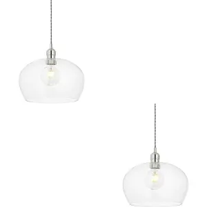 2 PACK Hanging Ceiling Pendant Light - Medium Bright Nickel Plate & Clear Glass - 10W LED E27