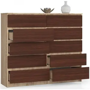 Sideboard, Chest Of Drawers 10 Drawers, Contemporary Chest Of Drawers, Modern Living Room Furniture 121 x 120 x 40 cm Oak/Dark Brown