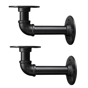 EAI Rustic Pipe Shelf Brackets Cast Iron - Pair / 2 Industrial Brackets - Dual Projection 100/160mm - Matt Black