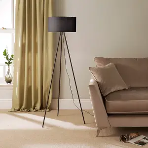 Modern Black Metal Tripod Floor Lamp with Cotton Fabric Lampshade in Black