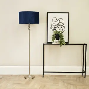 ValueLights Maggie Brushed Chrome Silver Candlestick Floor Lamp with Navy Blue Velvet Lamp Shade