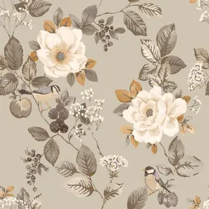 Belgravia Bramble Floral Beige Wallpaper Birds Leaves Flowers Feature Wall