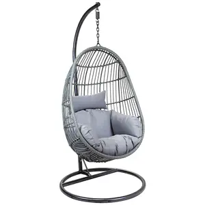 Charles Bentley Hanging Egg Shaped Rattan Swing Chair With Cushion - Grey