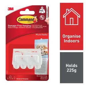 3M Command Micro White Hook (Holds)225g, Pack of 3