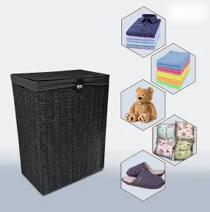 Arpan Resin Laundry Clothes Basket with Lid, Lock and Lining Storage Basket with Removable Lining (Black - Medium)