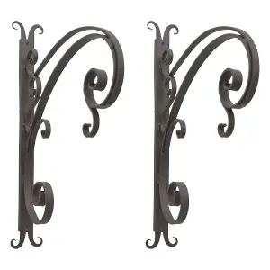 Set of 2 Vintage Style Hanging Basket Bracket Antique Brown Tall Ornate Scrolled Wall Mounted Decorative Garden Basket Brackets