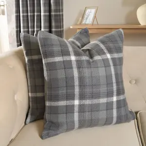 Woven Check Cushion Covers Tartan Pack of 4 Pillow, 45 x 45cm - Charcoal