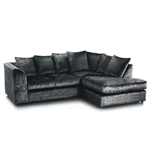 Crystal Crushed Velvet Fabric 3 to 4 Seater L Shaped Corner Sofa Black Right Hand Facing - Scatter Back