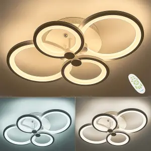 Modern 4 Circular White Metal and Acrylic LED Semi Flush Ceiling Light Fixture for Nordic Decor, Dimmable