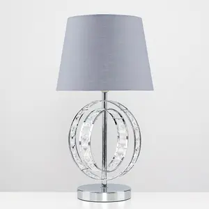 ValueLights Rothwell Pair of Chrome Acrylic Jewel Double Hoop Table Lamps with Grey Light Shades