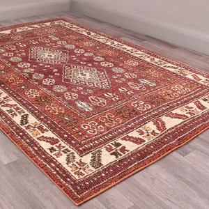 Orange Easy to Clean Bordered Geometrical Traditional Persian Rug for Living Room, Bedroom, Dining Room - 80cm X 150cm