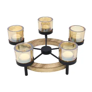 Tea Light Holder 5pc Amber Candle Jars with Round Tealight Wooden Stand Decor