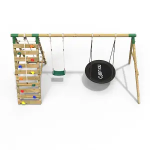 Rebo Wooden Swing Set with Up and Over Climbing Wall - Vale Green