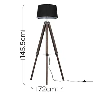 ValueLights Clipper Wood and Silver Chrome Tripod Floor Lamp with Black Tapered Shade - Complete with 6w LED GLS Bulb