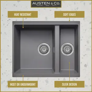 Austen & Co. Florence Inset & Undermount 1.5 Bowl Reversible Granite Kitchen Sink With Strainer & Over Flow Kit - Grey