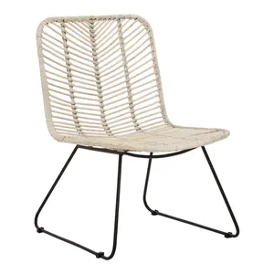 Interiors by Premier White Rattan Chair with Black Metal Legs, Hand Woven Rattan Dining Chair, Outdoor Rattan Chair for Garden