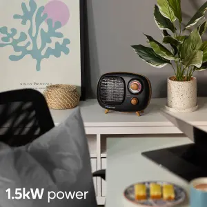 Russell Hobbs Fan Heater Scandi Wood Effect 1500W Portable Electric Retro Black Ceramic Heater RHRETPTC2001WDB