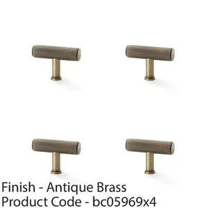 4 PACK - Reeded T Bar Cupboard Door Knob - 55mm x 38mm Antique Brass Lined Pull Handle