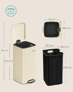 SONGMICS Kitchen Trash Can, Stainless Steel Pedal Bin with Inner Bucket, Soft Close Feature, and Stay-Open Design, Sand Beige