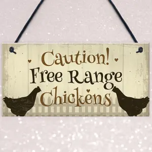 Red Ocean Caution Free Range Chickens Garden Signs Funny Novelty Hanging Sign Chicken Hen Sign