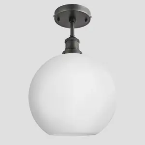 Industville Brooklyn Opal Glass Globe Flush Mount Light, 9 Inch, White, Pewter Holder