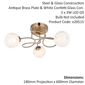 Antique Brass Semi Flush Ceiling Light & Confetti Glass Shades - Multi Arm Lamp