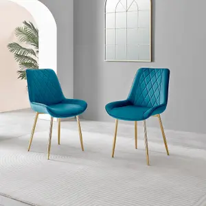 Furniturebox UK 4 Seater Dining Set - Novara 100cm Gold Round Glass Dining Table and Chairs - 4 Blue Velvet Pesaro Gold Chairs