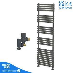 Designer Delta Anthracite Flat Panel Towel Radiator Heated Ladder Rail - 1742 x 500mm - Angled Manual Square Valve Pair