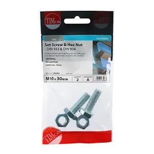 Timco - Set Screws & Hex Nuts - Grade 8.8 - Zinc (Size M10 x 30 - 2 Pieces)