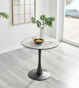 Elina White Marble Effect Round Pedestal Dining Table with Curved Black Support and 2 Navy Velvet Pesaro Gold Leg Chairs